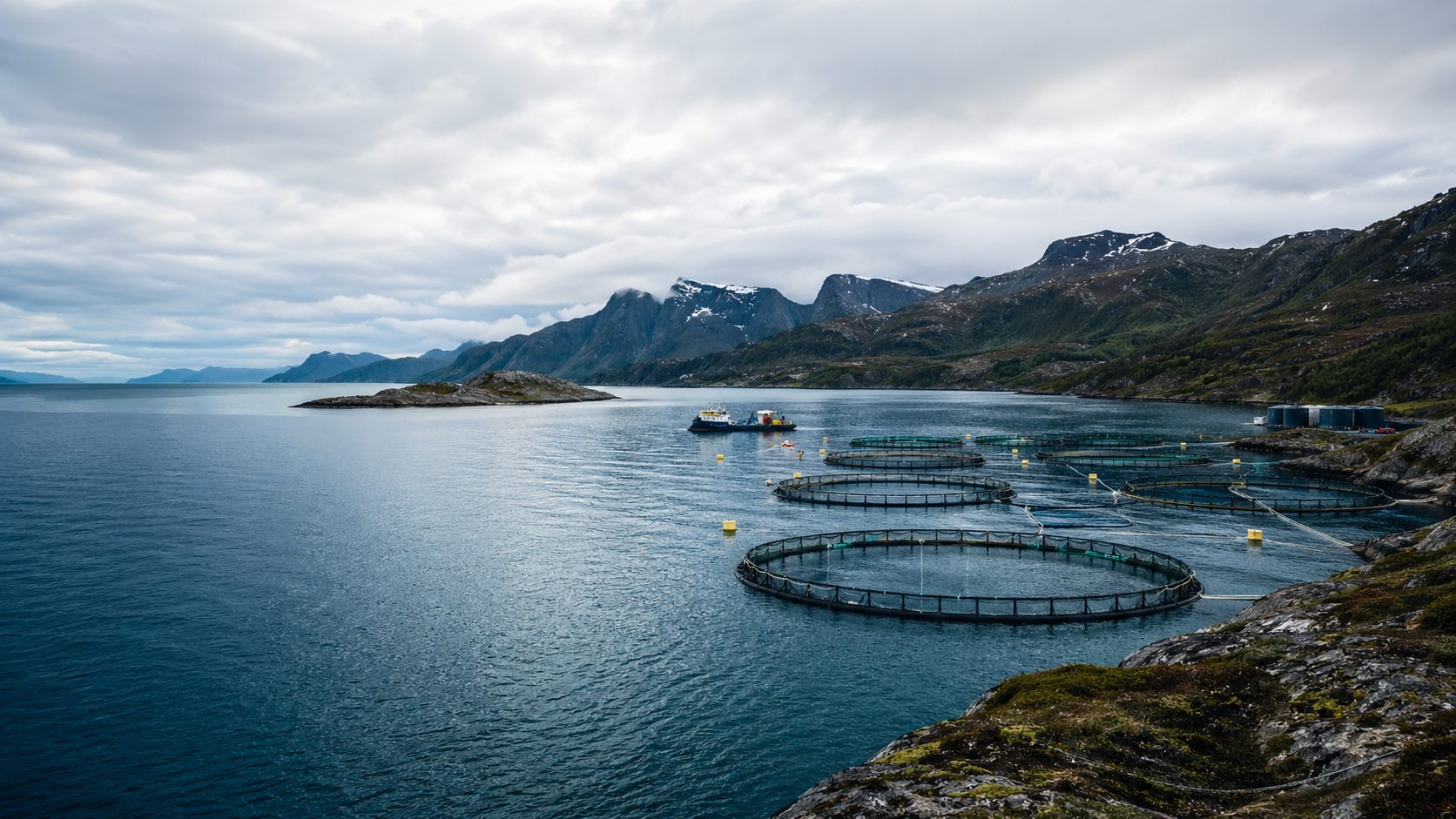 Modern salmon aquaculture site in a Norwegian fjord